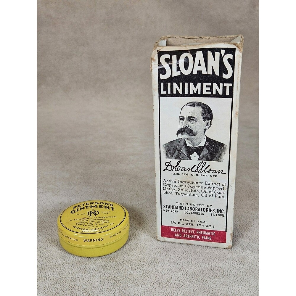 Vintage Sloan's Liniment Bottle and Original Box & Peterson's Ointment Tin *READ